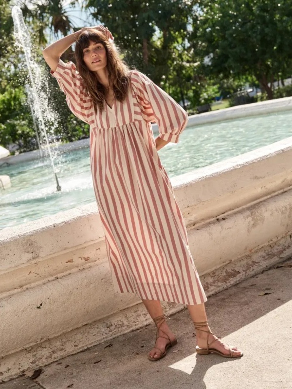 Marine Layer Striped V-Neck Puff Sleeve Pima Cotton Maxi Dress